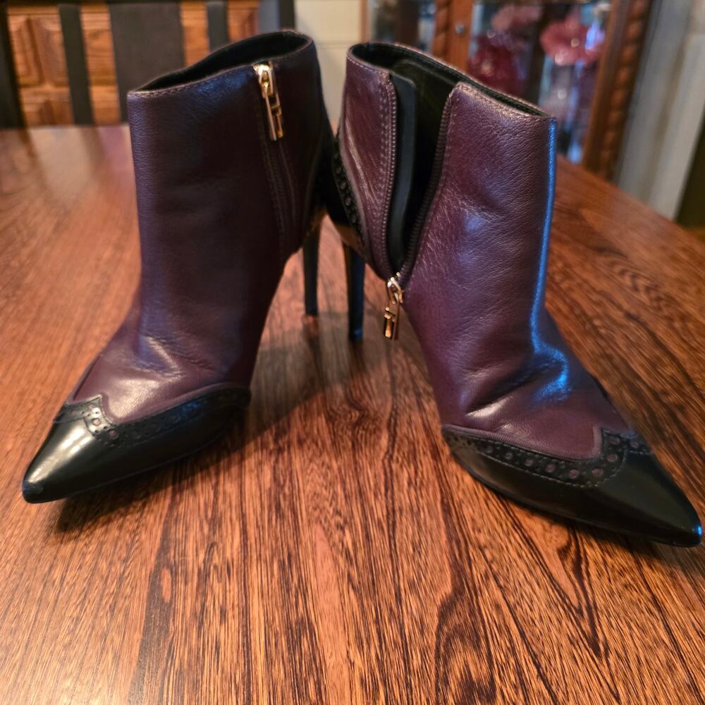 Tory Burch Noelle Leather Booties Brogue Wingtip Dark Fig Black Pointed Toe 7M